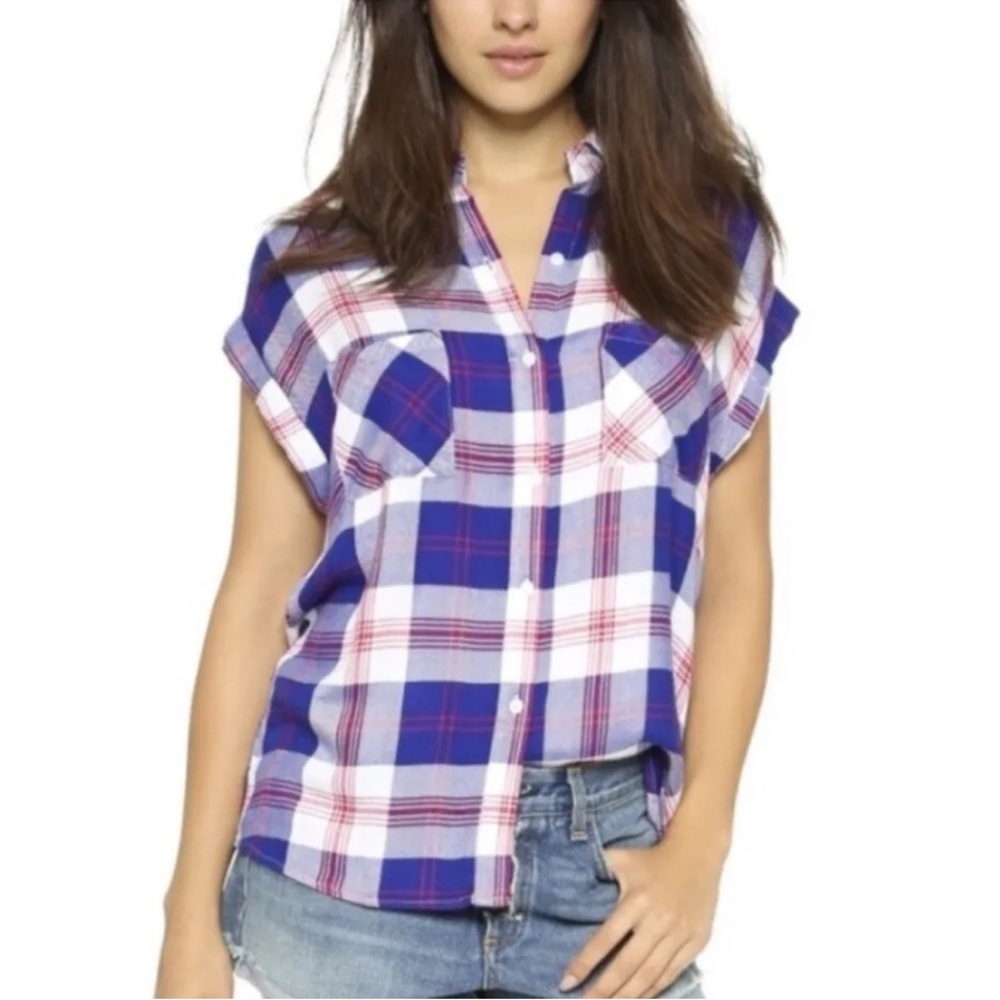 Rails Britt Plaid Short Sleeve Button Front Shirt Navy Red White Sz Medium